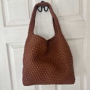 Melie Bianco Vegan Leather Brown Woven Shoulder Bag with Insert